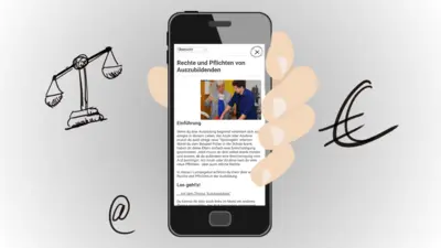 Illustrierte Hand zeigt Handyscreen mit Startseite des Playlets Rechte und Pflichten von Auszubildenden