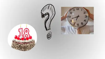 Geburtstagstorte mit einer 18 als Kerze, Mensch, der sich eine große Uhr vors Gesicht hält