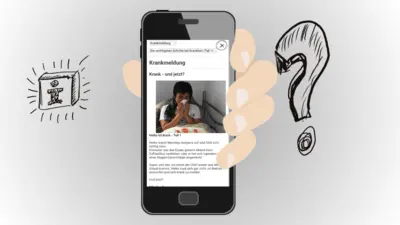 Illustrierte Hand zeigt Handyscreen des Playlets Rechte und Pflichten von Auszubildenden zum Thema Krankmeldung