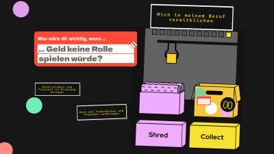 Greifarm sortiert Aussagen und packt sie in einen Karton oder schreddert sie