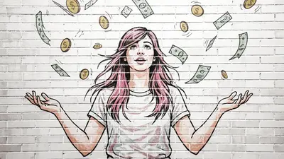 Street Art Bild, das eine junge Frau zeigt, die mit Geldscheinen und Münzen um sich wirft