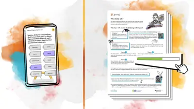 Geteilter Screen zeigt Playletansicht auf Handy und daneben Handreichung für pädagogische Fachkräfte