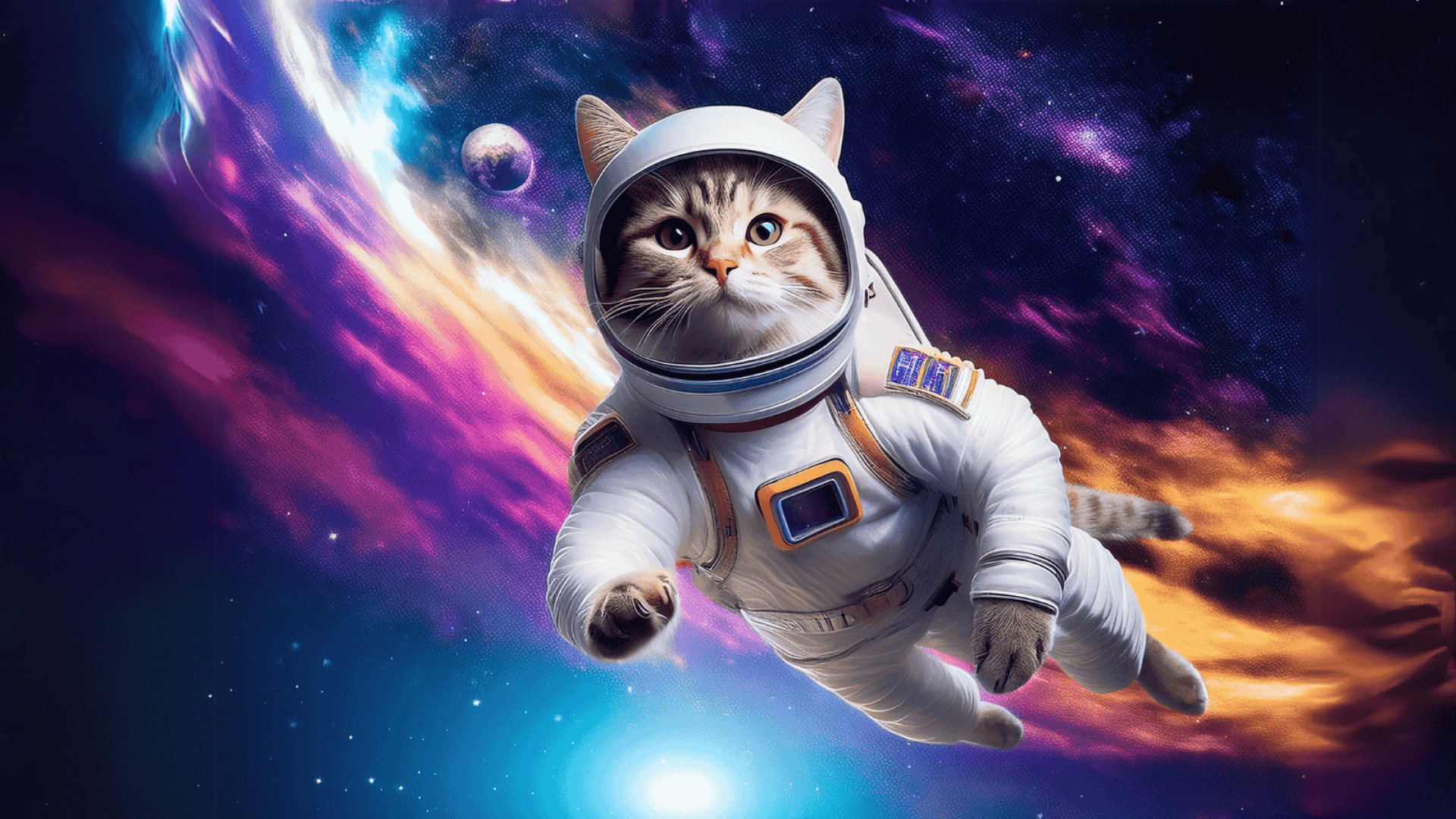 Katze, die als Astronaut durch die Galaxie fliegt